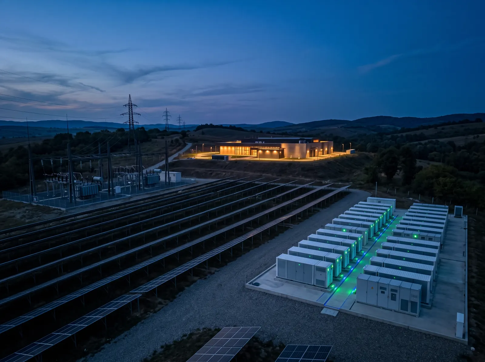 Grid-connected battery storage and photovoltaic infrastructure at blue hour